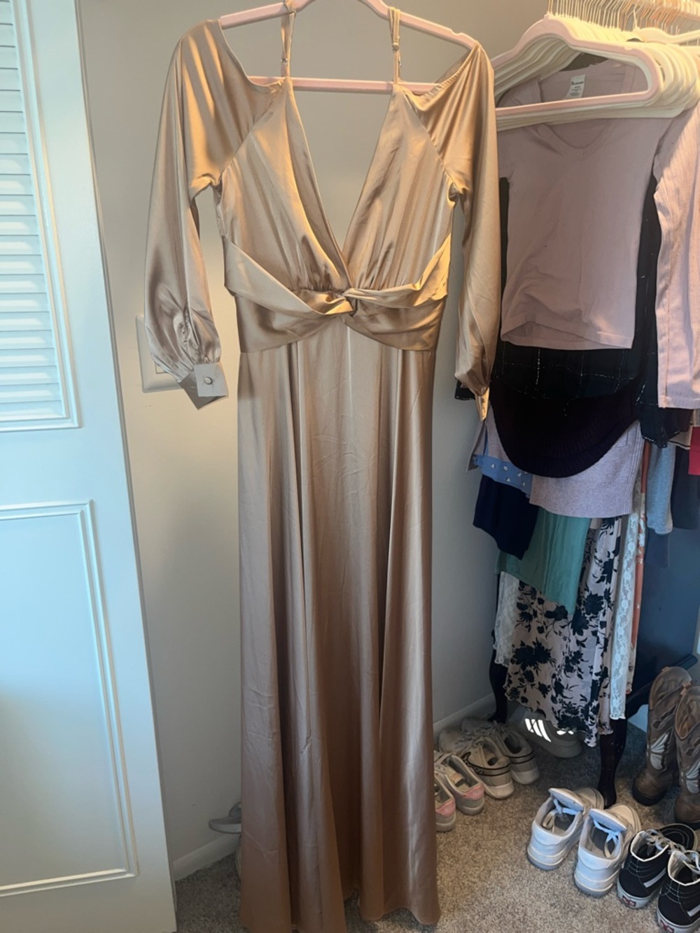 Fashion Nova Copper Satin Cold-Shoulder Maxi Gown